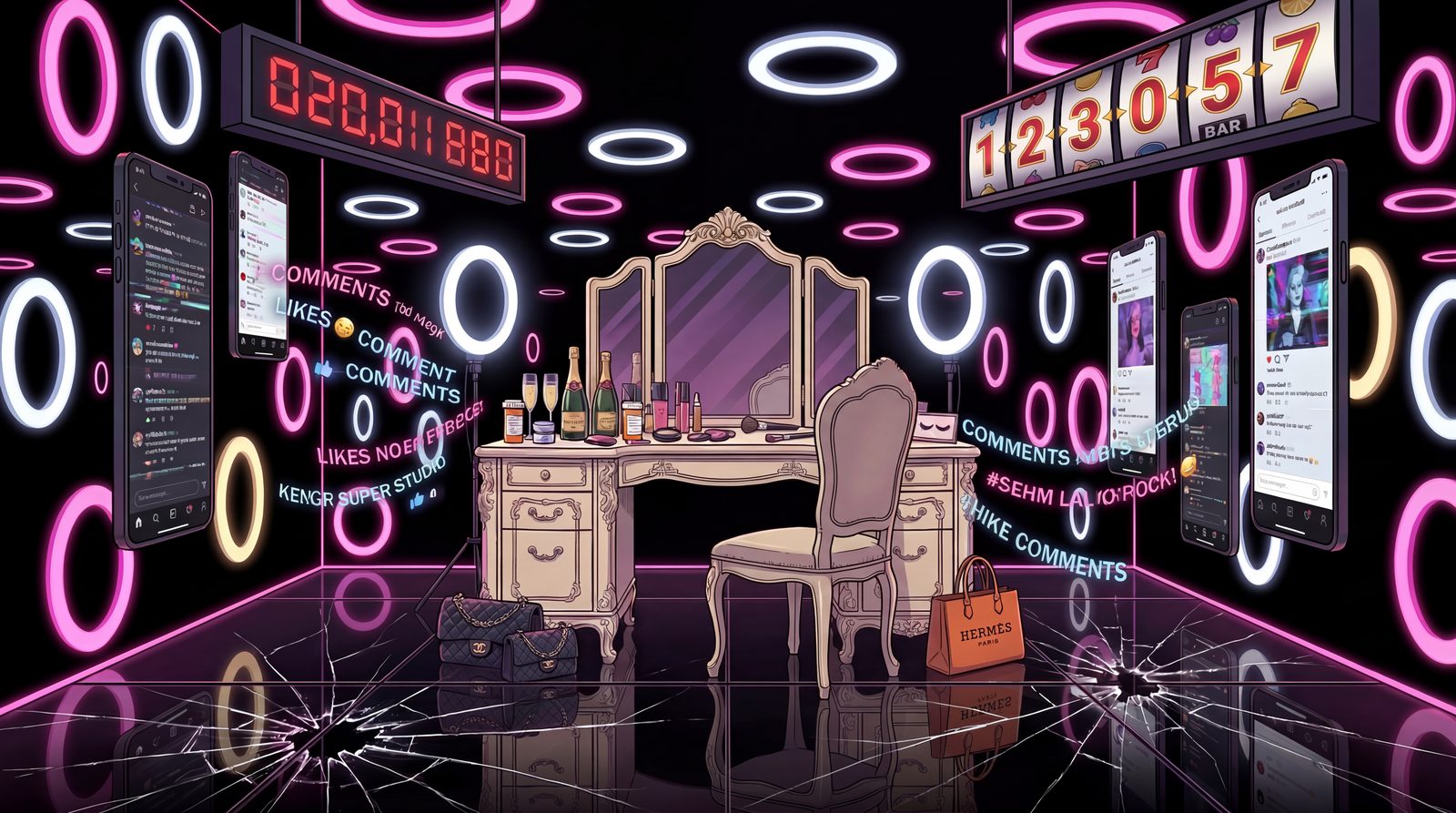 EP01 arena — Madison Cole's Content Hell, ring lights and feed-glow